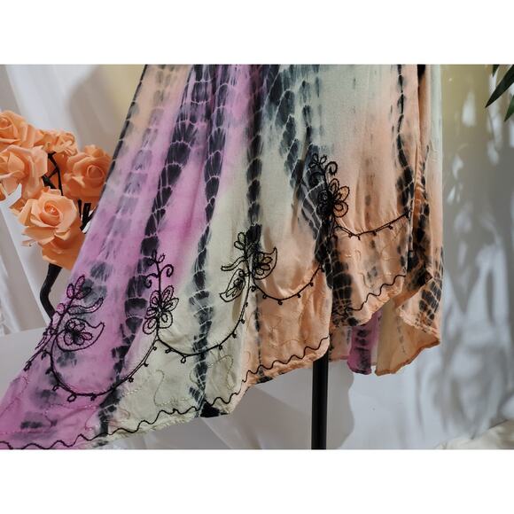 Henna VTG Embroidered Tie Dye Twirl Midi Dress Womens One Size Hippie Festival - Picture 7 of 13